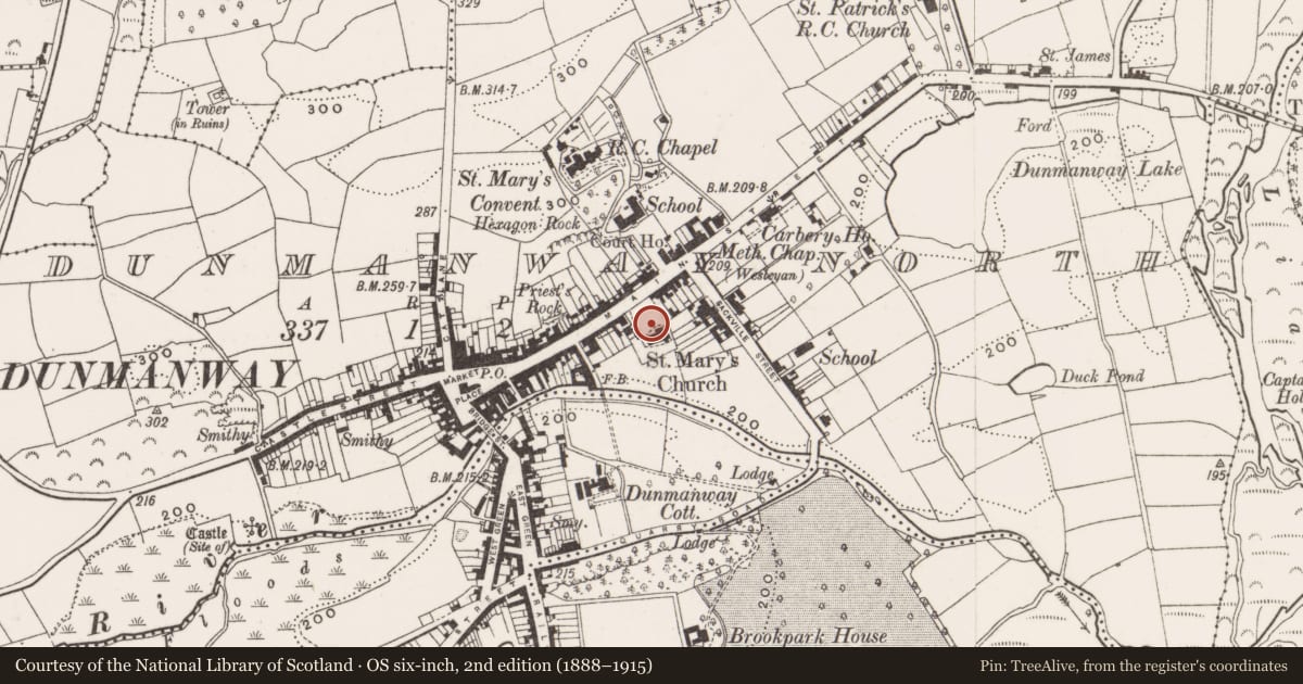 Ordnance Survey six-inch map, 2nd edition (1888–1915) covering the location of Graveyard, Dunmanway North, County Cork, with a pin at the register's coordinates