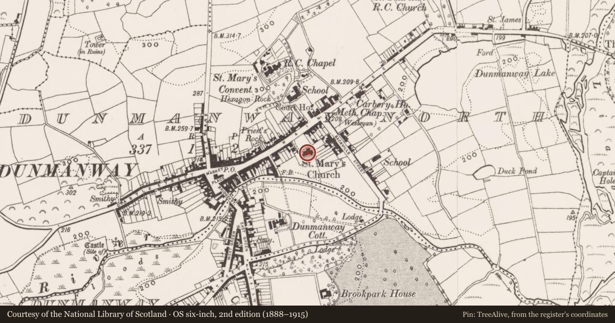 Ordnance Survey six-inch map, 2nd edition (1888–1915) covering the location of Church, Dunmanway North, County Cork, with a pin at the register's coordinates