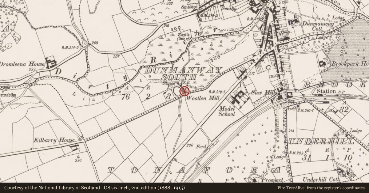 Ordnance Survey six-inch map, 2nd edition (1888–1915) covering the location of Mill - corn, Dunmanway South, County Cork, with a pin at the register's coordinates