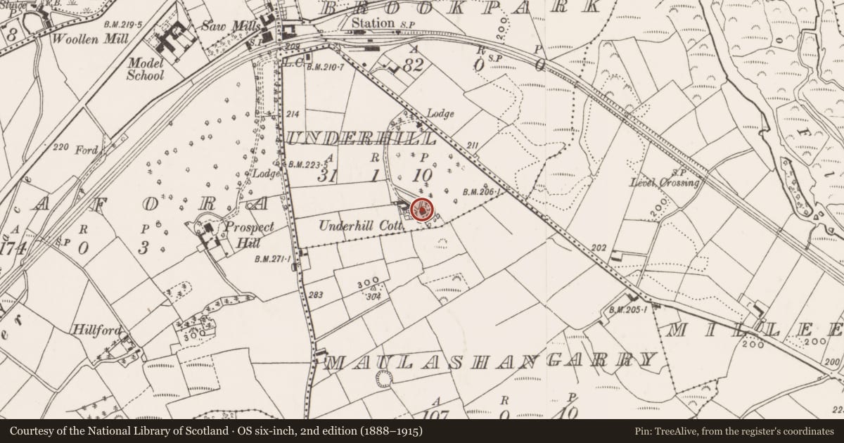 Ordnance Survey six-inch map, 2nd edition (1888–1915) covering the location of Country house, Underhill, County Cork, with a pin at the register's coordinates