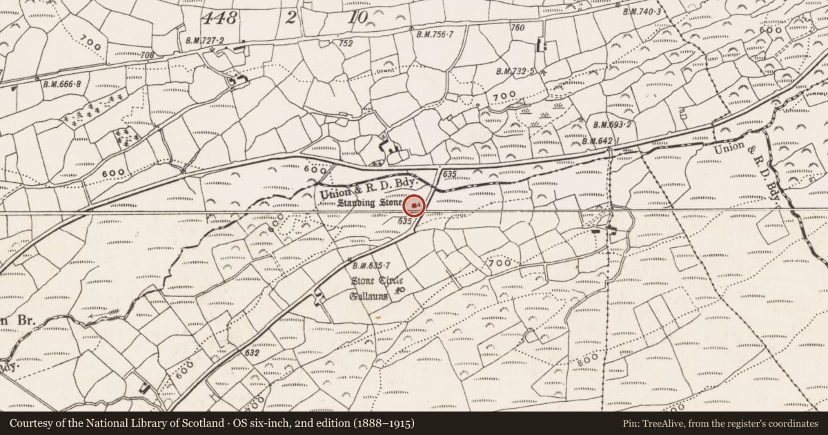Ordnance Survey six-inch map, 2nd edition (1888–1915) covering the location of Standing stone - pair, Clodagh, County Cork, with a pin at the register's coordinates