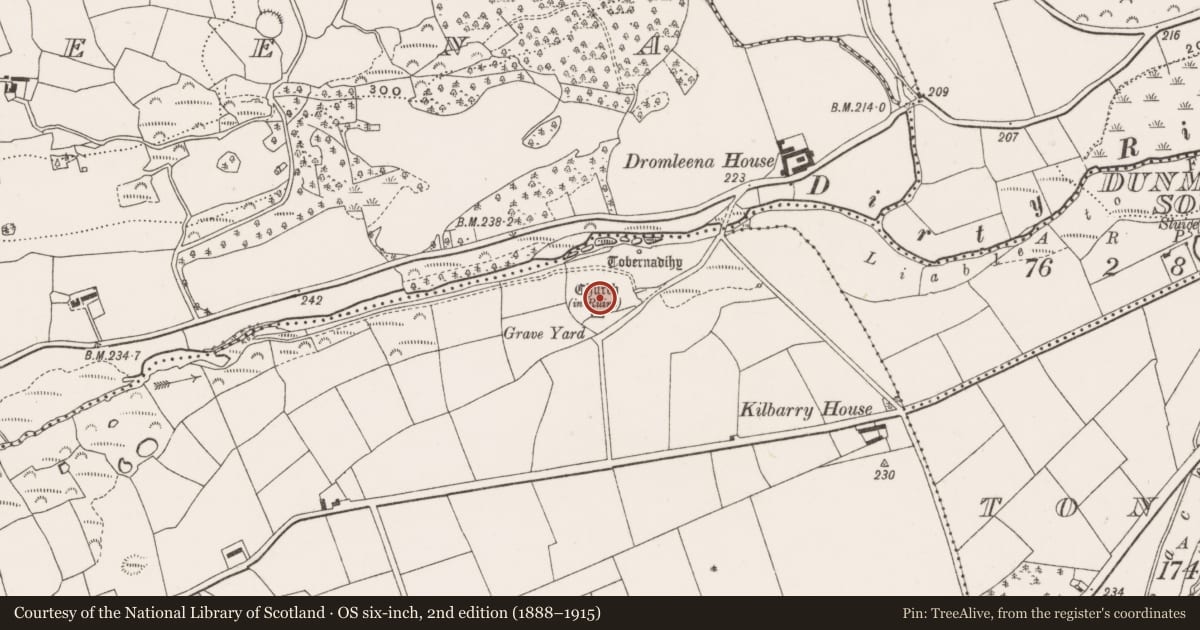 Ordnance Survey six-inch map, 2nd edition (1888–1915) covering the location of Graveyard, Kilbarry, County Cork, with a pin at the register's coordinates