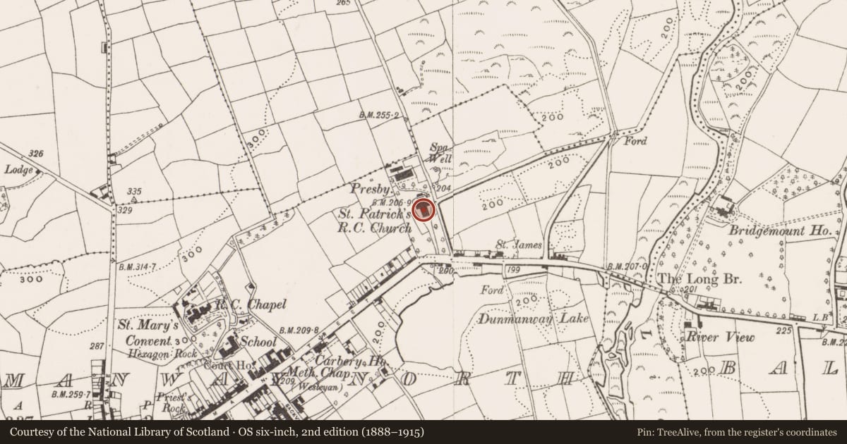 Ordnance Survey six-inch map, 2nd edition (1888–1915) covering the location of Graveyard, Dunmanway North, County Cork, with a pin at the register's coordinates