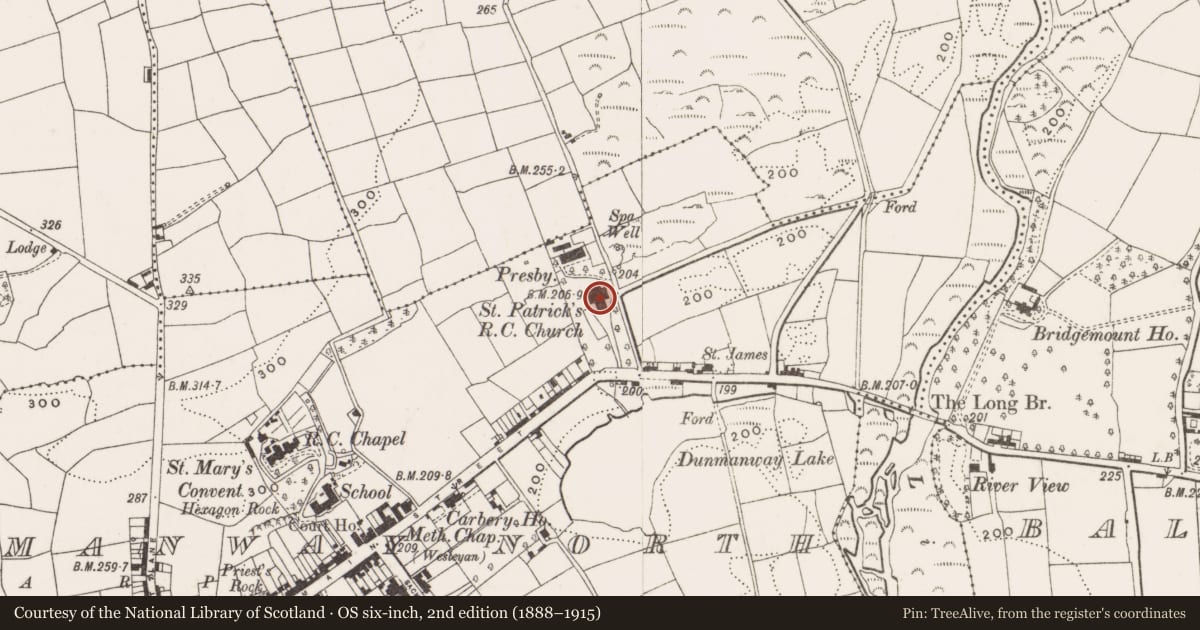 Ordnance Survey six-inch map, 2nd edition (1888–1915) covering the location of Church, Dunmanway North, County Cork, with a pin at the register's coordinates