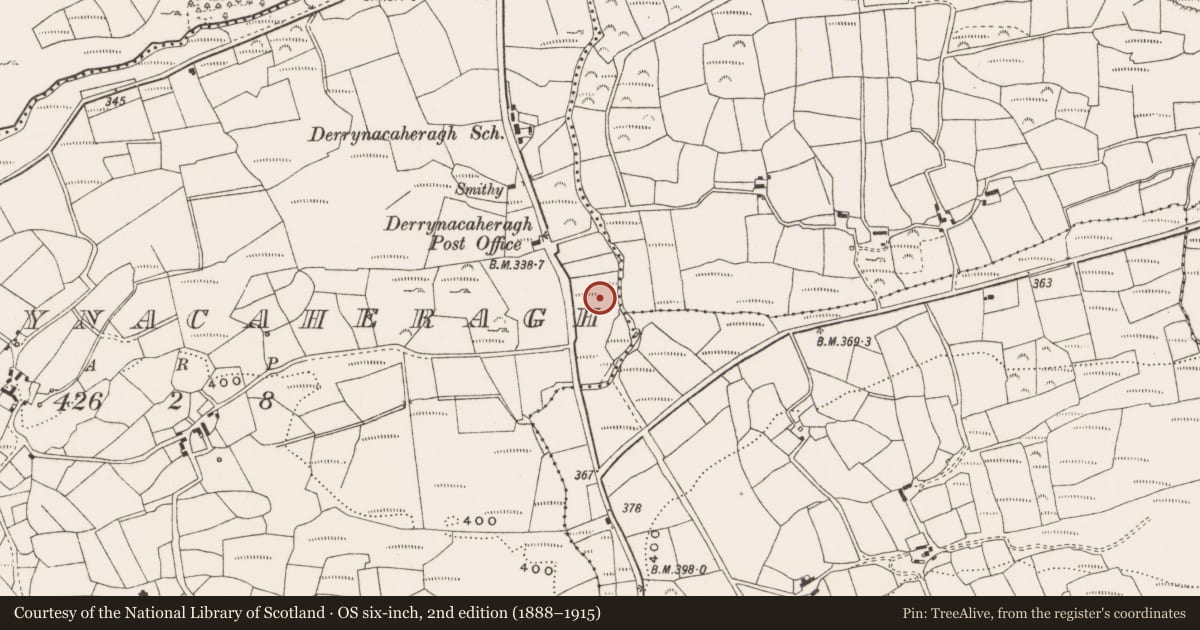 Ordnance Survey six-inch map, 2nd edition (1888–1915) covering the location of Standing stone, Derrynacaheragh, County Cork, with a pin at the register's coordinates