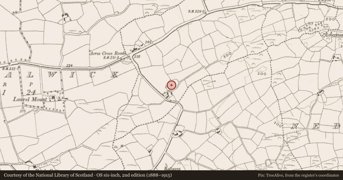 Ordnance Survey six-inch map, 2nd edition (1888–1915) covering the location of Enclosure, Acres, County Cork, with a pin at the register's coordinates