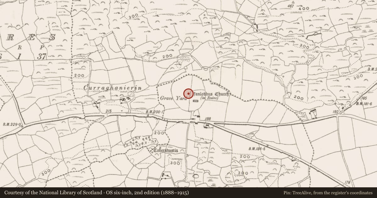 Ordnance Survey six-inch map, 2nd edition (1888–1915) covering the location of Ecclesiastical enclosure, Nedinagh East, County Cork, with a pin at the register's coordinates