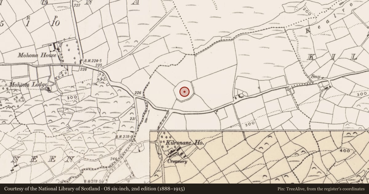 Ordnance Survey six-inch map, 2nd edition (1888–1915) covering the location of Enclosure, Kilronane West, County Cork, with a pin at the register's coordinates