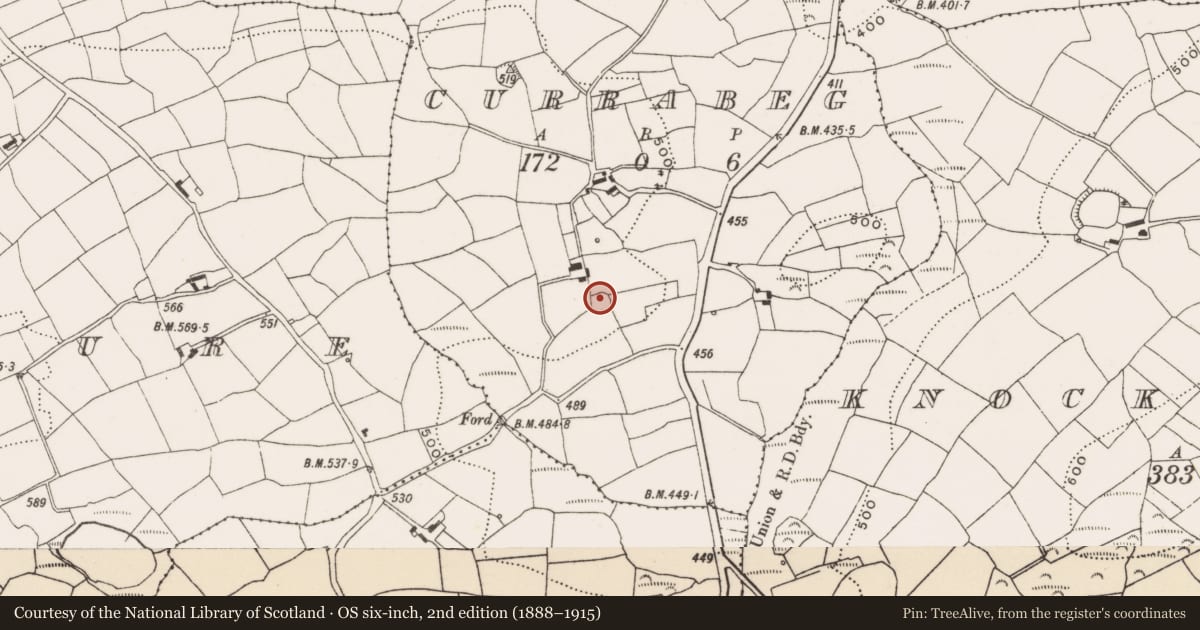 Ordnance Survey six-inch map, 2nd edition (1888–1915) covering the location of Ringfort - rath, Currabeg, County Cork, with a pin at the register's coordinates