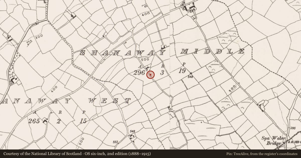 Ordnance Survey six-inch map, 2nd edition (1888–1915) covering the location of Souterrain, Shanaway Middle, County Cork, with a pin at the register's coordinates