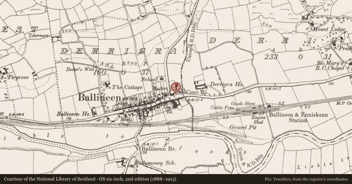 Ordnance Survey six-inch map, 2nd edition (1888–1915) covering the location of Market-house, Derrigra (Carbery East By., Ballymoney Par.), County Cork, with a pin at the register's coordinates