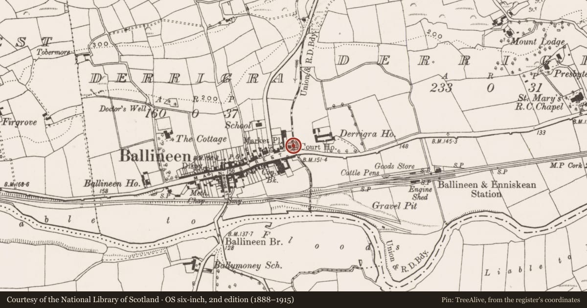 Ordnance Survey six-inch map, 2nd edition (1888–1915) covering the location of Courthouse, Derrigra (Carbery East (W.D.) By., Kinneigh Par.), County Cork, with a pin at the register's coordinates
