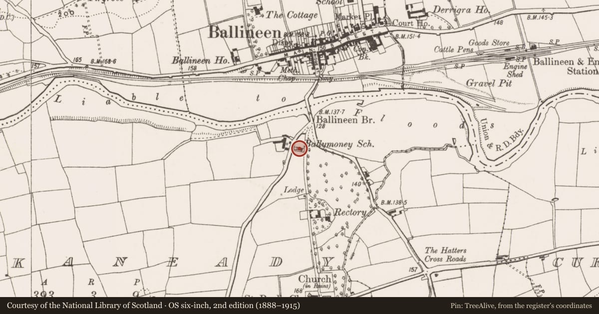 Ordnance Survey six-inch map, 2nd edition (1888–1915) covering the location of School, Knockaneady, County Cork, with a pin at the register's coordinates