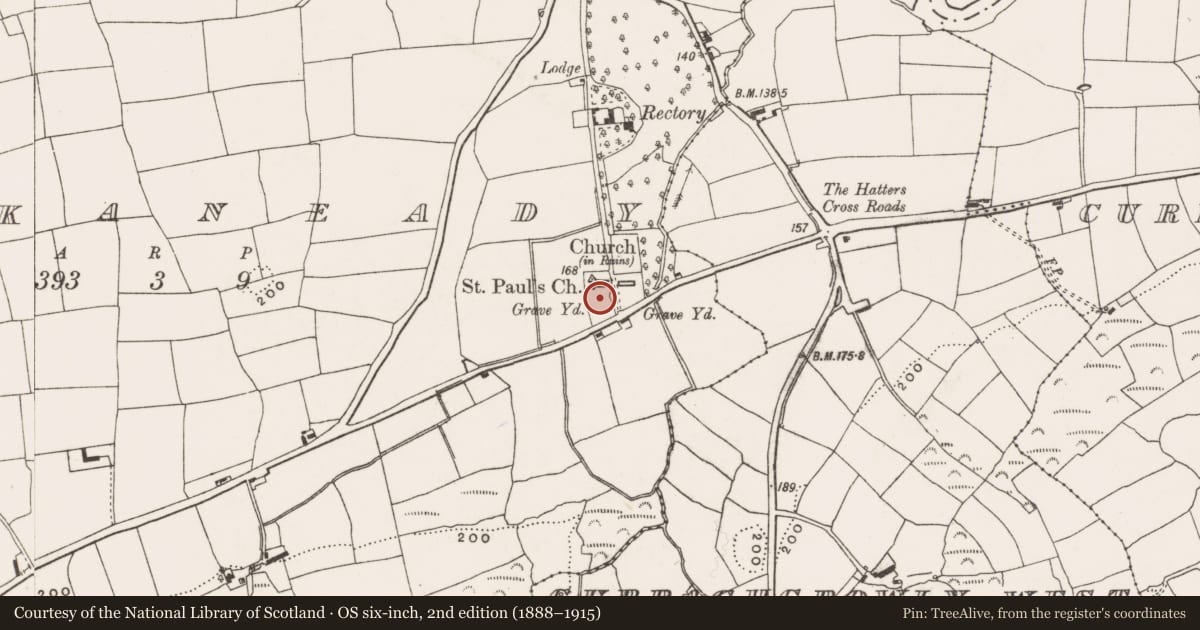 Ordnance Survey six-inch map, 2nd edition (1888–1915) covering the location of Graveyard, Knockaneady, County Cork, with a pin at the register's coordinates