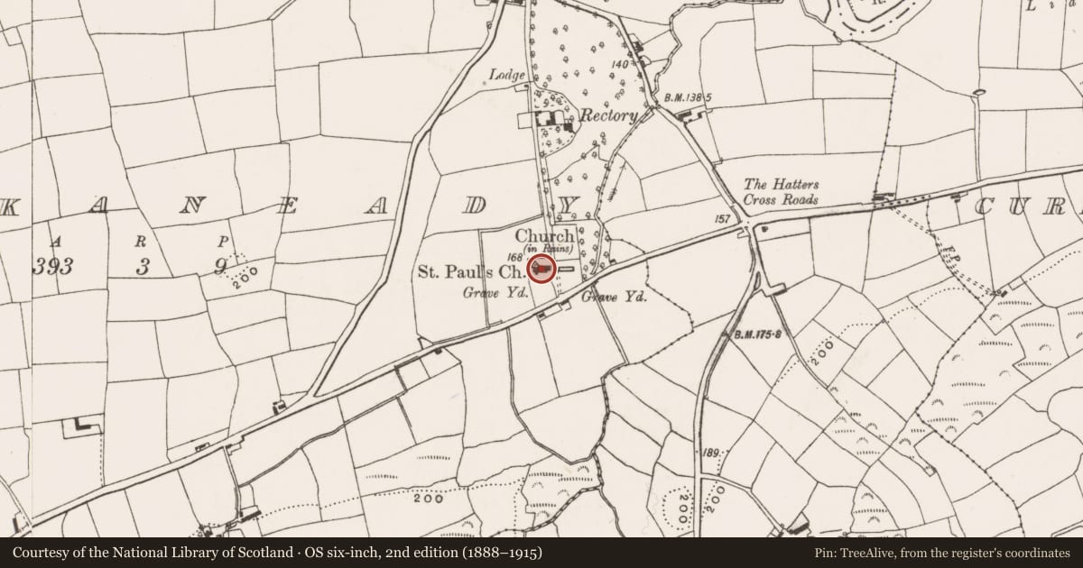 Ordnance Survey six-inch map, 2nd edition (1888–1915) covering the location of Church, Knockaneady, County Cork, with a pin at the register's coordinates