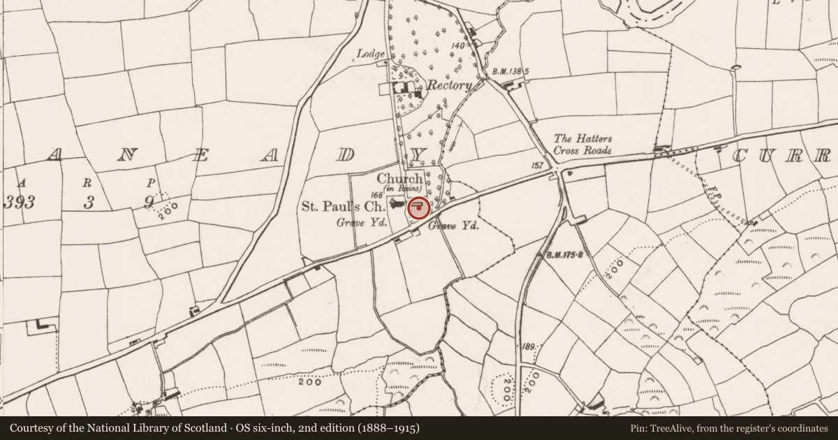Ordnance Survey six-inch map, 2nd edition (1888–1915) covering the location of Graveyard, Knockaneady, County Cork, with a pin at the register's coordinates