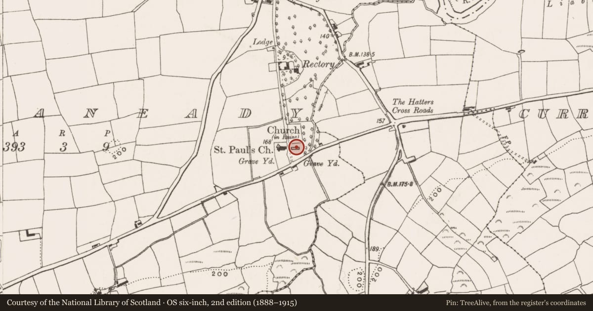 Ordnance Survey six-inch map, 2nd edition (1888–1915) covering the location of Church, Knockaneady, County Cork, with a pin at the register's coordinates