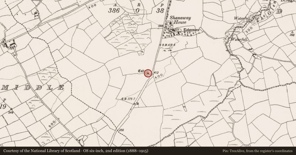 Ordnance Survey six-inch map, 2nd edition (1888–1915) covering the location of Souterrain, Shanaway East, County Cork, with a pin at the register's coordinates
