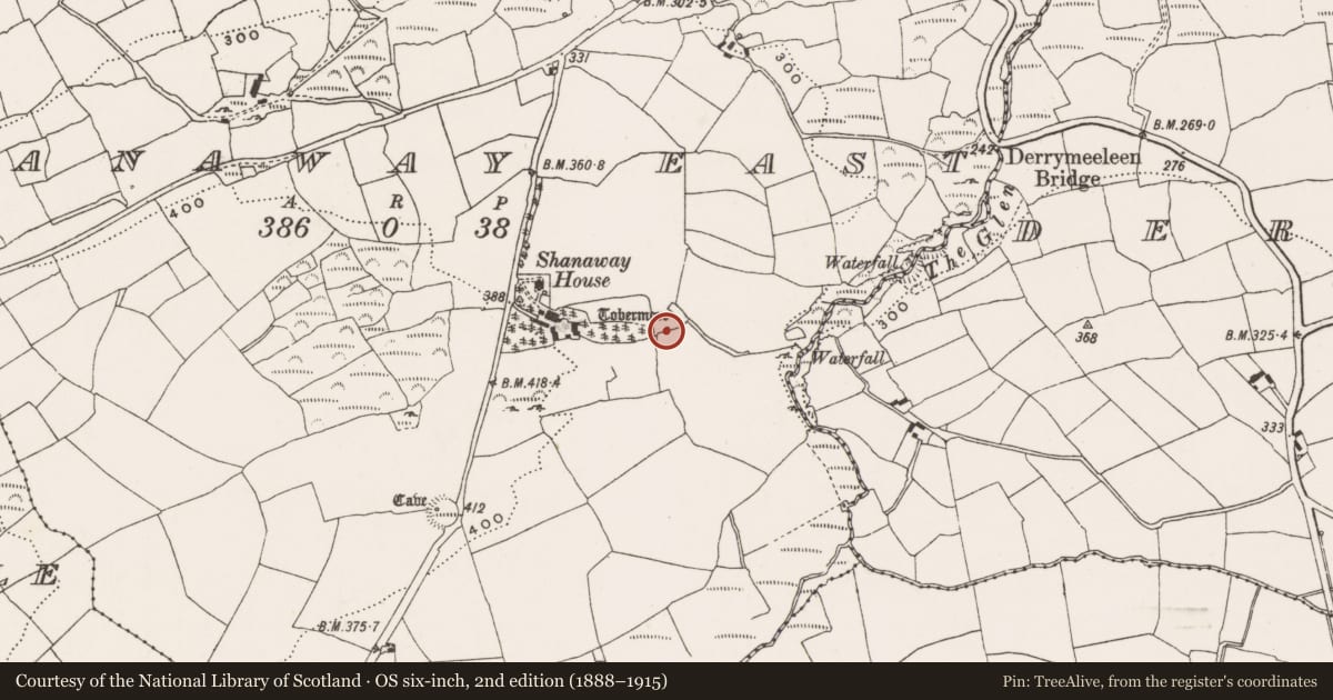 Ordnance Survey six-inch map, 2nd edition (1888–1915) covering the location of Ritual site - holy well, Shanaway East, County Cork, with a pin at the register's coordinates
