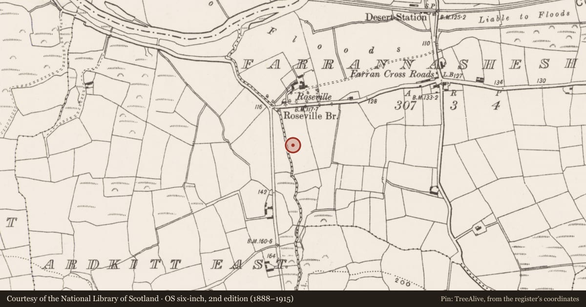 Ordnance Survey six-inch map, 2nd edition (1888–1915) covering the location of Fulacht fia, Farrannasheshery, County Cork, with a pin at the register's coordinates
