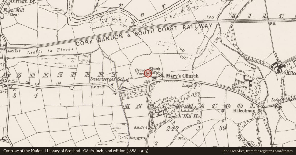 Ordnance Survey six-inch map, 2nd edition (1888–1915) covering the location of Ecclesiastical enclosure, Knockmacool, County Cork, with a pin at the register's coordinates