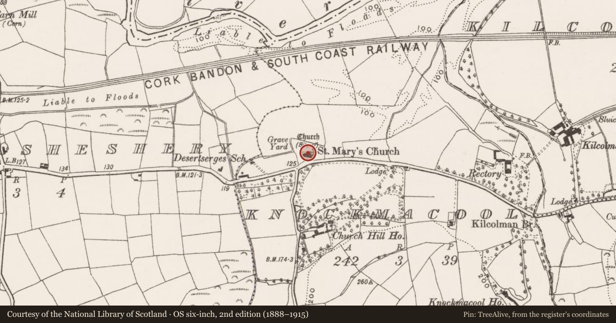 Ordnance Survey six-inch map, 2nd edition (1888–1915) covering the location of Graveyard, Knockmacool, County Cork, with a pin at the register's coordinates