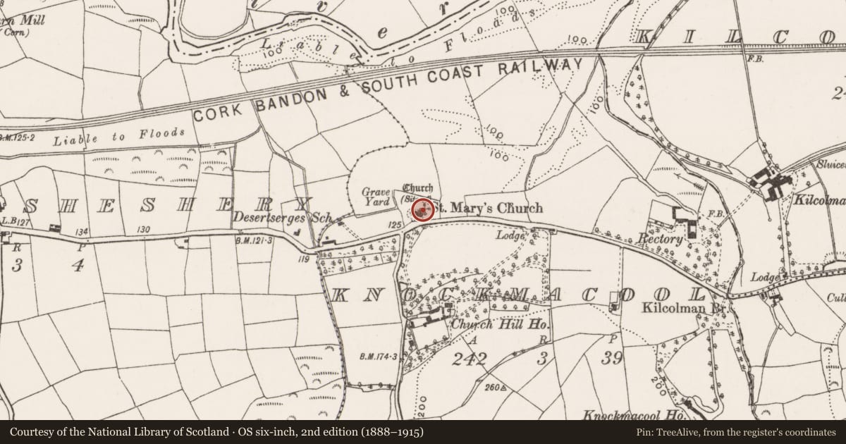 Ordnance Survey six-inch map, 2nd edition (1888–1915) covering the location of Church, Knockmacool, County Cork, with a pin at the register's coordinates