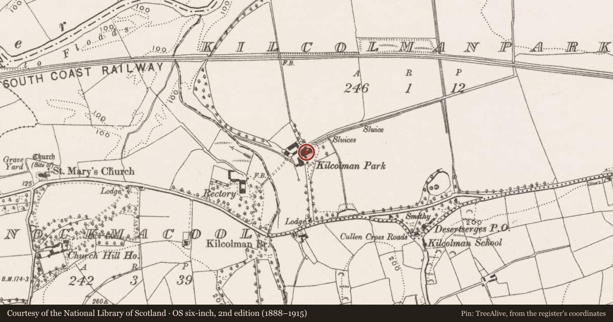 Ordnance Survey six-inch map, 2nd edition (1888–1915) covering the location of Country house, Kilcolmanpark, County Cork, with a pin at the register's coordinates