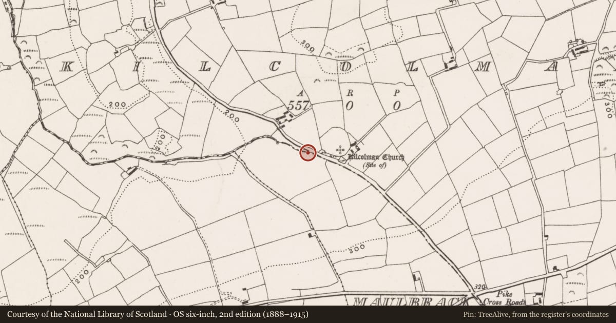 Ordnance Survey six-inch map, 2nd edition (1888–1915) covering the location of Ritual site - holy well, Kilcolman, County Cork, with a pin at the register's coordinates