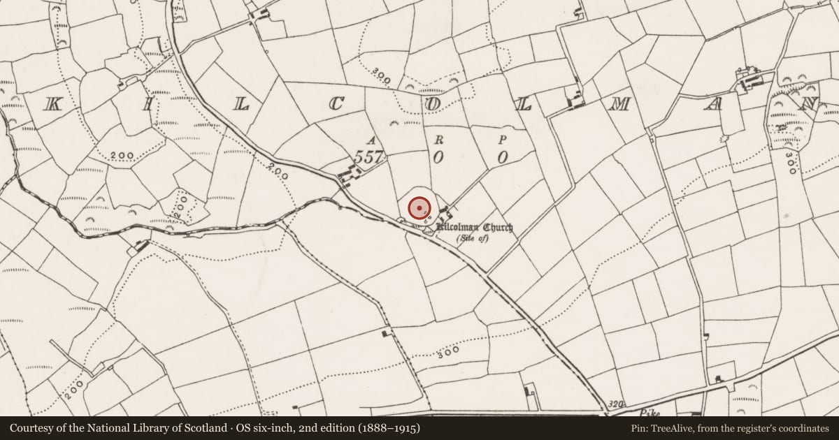 Ordnance Survey six-inch map, 2nd edition (1888–1915) covering the location of Ecclesiastical enclosure, Kilcolman, County Cork, with a pin at the register's coordinates
