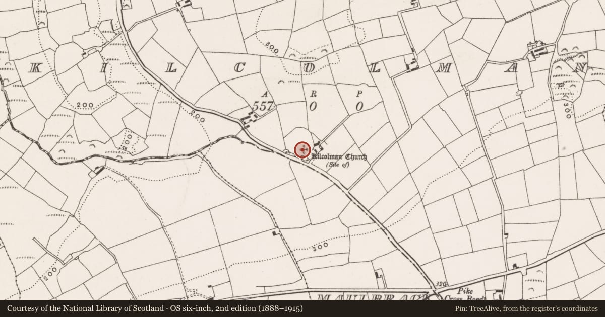 Ordnance Survey six-inch map, 2nd edition (1888–1915) covering the location of Church, Kilcolman, County Cork, with a pin at the register's coordinates