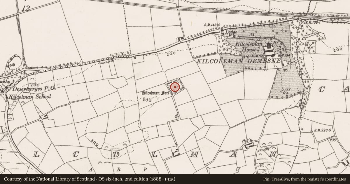 Ordnance Survey six-inch map, 2nd edition (1888–1915) covering the location of Moated site, Kilcolman, County Cork, with a pin at the register's coordinates