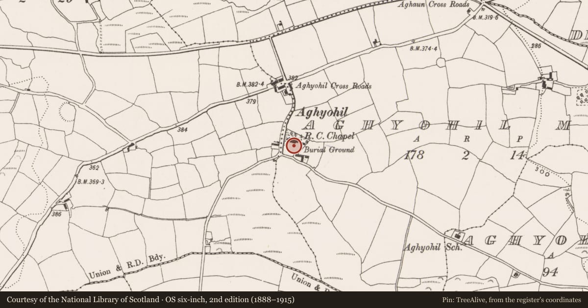 Ordnance Survey six-inch map, 2nd edition (1888–1915) covering the location of Graveyard, Aghyohil More, County Cork, with a pin at the register's coordinates