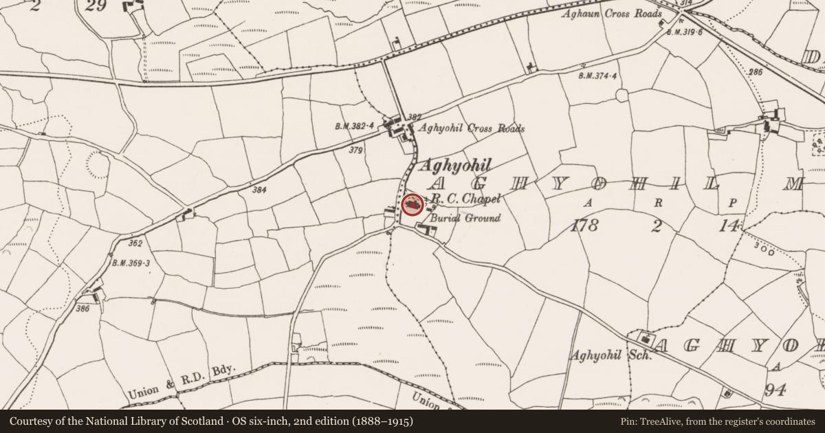 Ordnance Survey six-inch map, 2nd edition (1888–1915) covering the location of Church, Aghyohil More, County Cork, with a pin at the register's coordinates