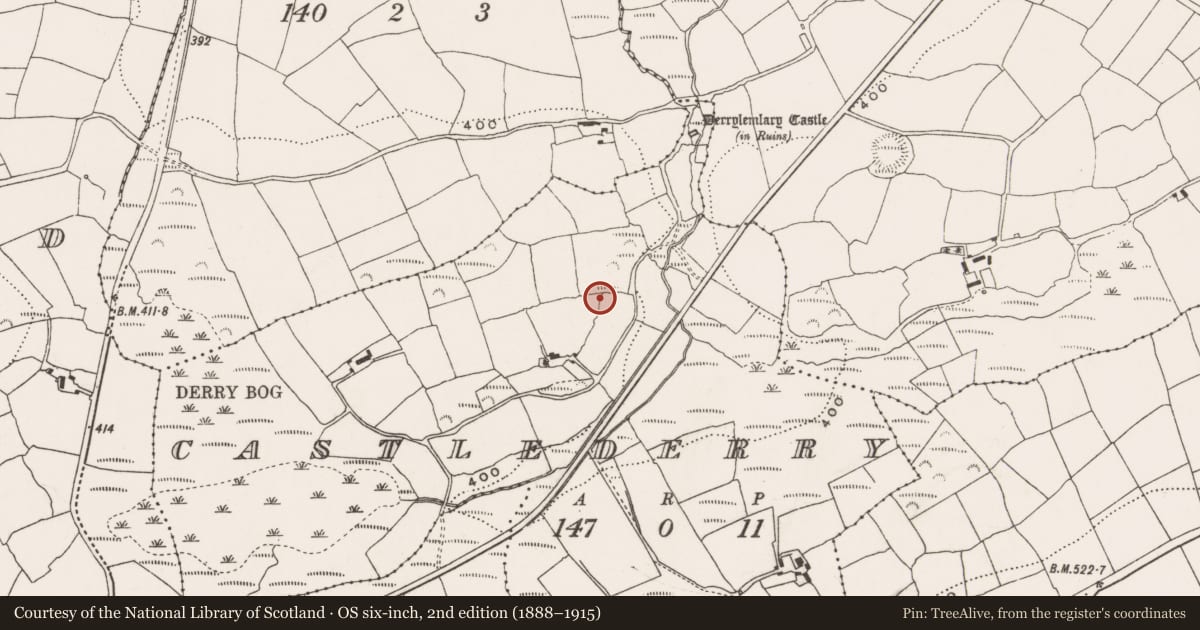 Ordnance Survey six-inch map, 2nd edition (1888–1915) covering the location of Mass-rock, Castlederry, County Cork, with a pin at the register's coordinates