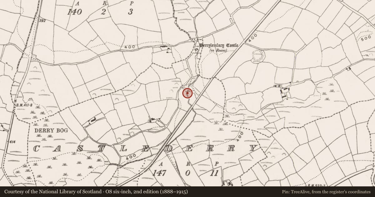 Ordnance Survey six-inch map, 2nd edition (1888–1915) covering the location of Fulacht fia, Castlederry, County Cork, with a pin at the register's coordinates