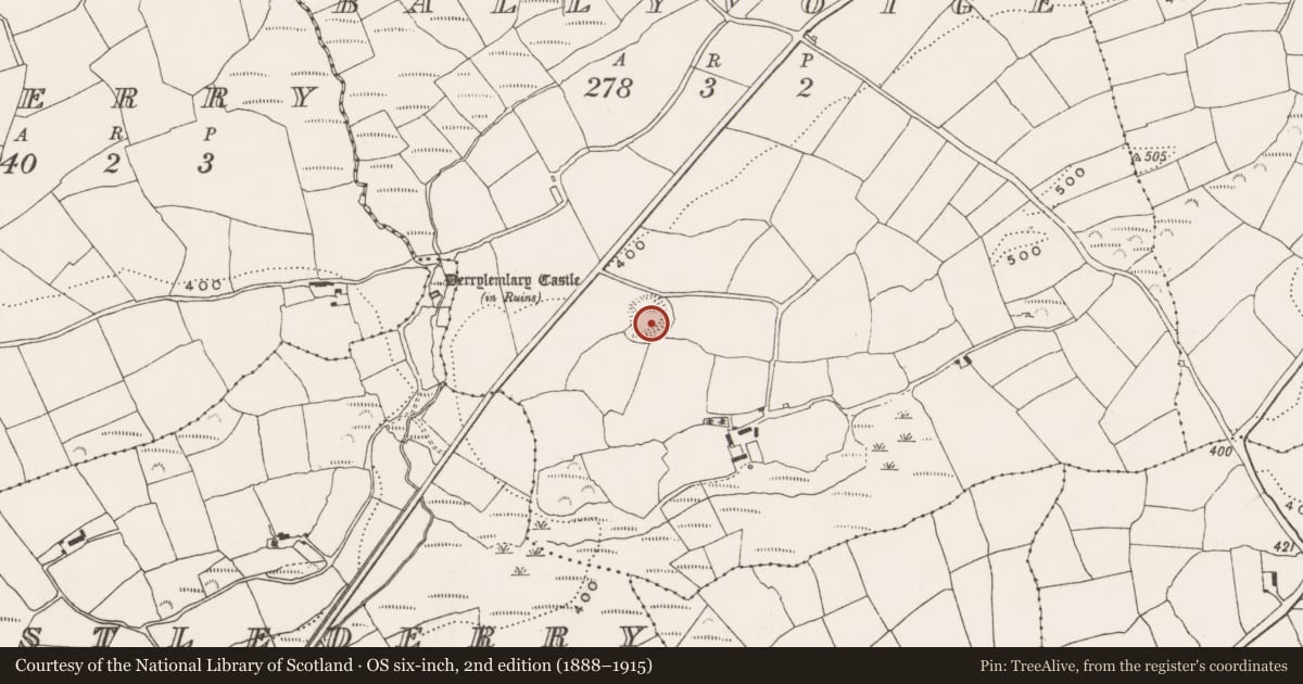 Ordnance Survey six-inch map, 2nd edition (1888–1915) covering the location of Souterrain, Ballyvoige, County Cork, with a pin at the register's coordinates