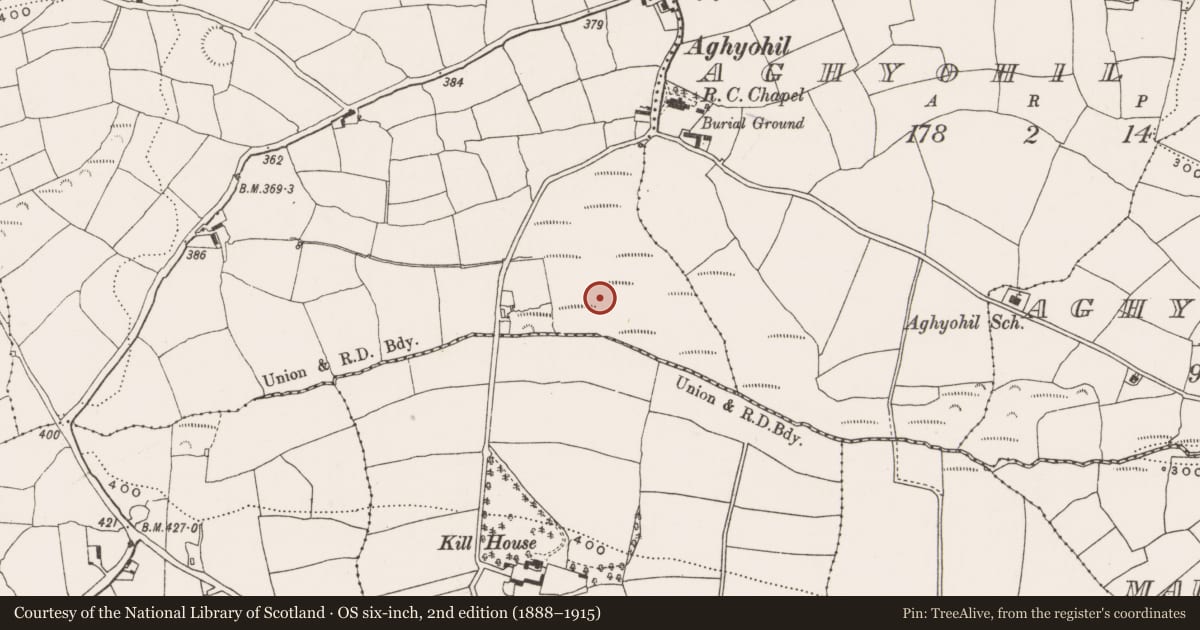 Ordnance Survey six-inch map, 2nd edition (1888–1915) covering the location of Mass-rock, Kilnameela, County Cork, with a pin at the register's coordinates
