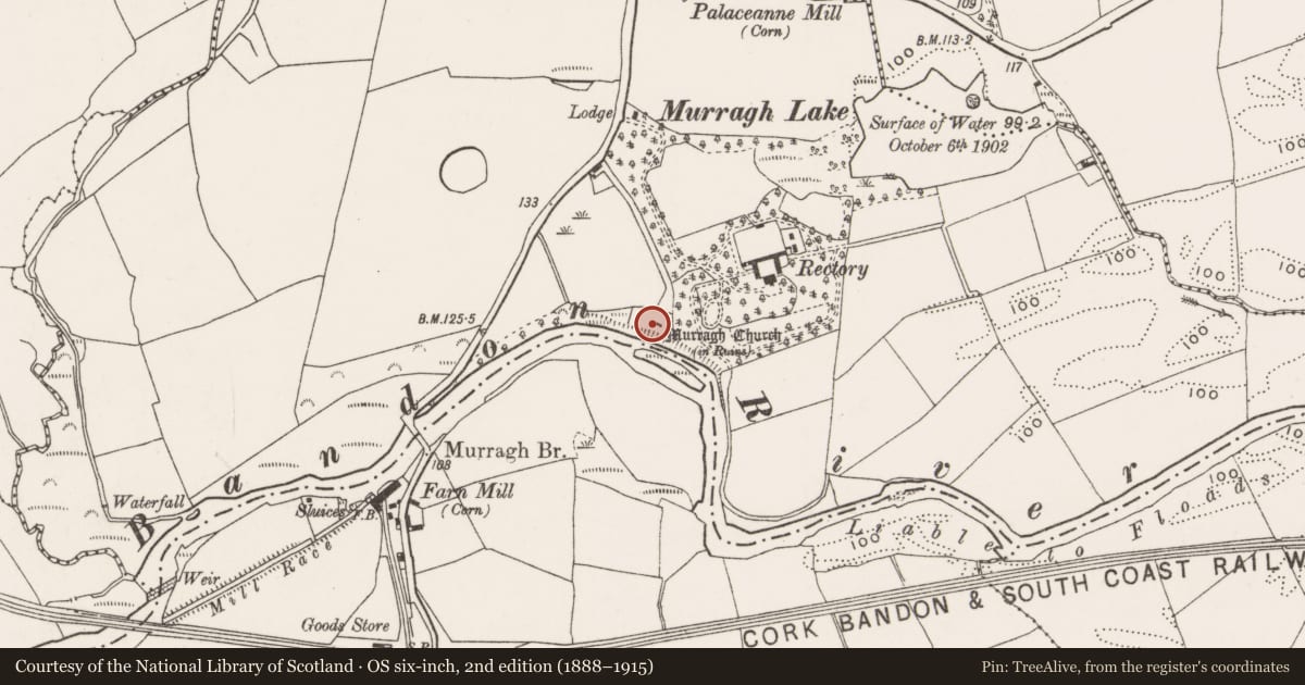Ordnance Survey six-inch map, 2nd edition (1888–1915) covering the location of Graveyard, Murragh, County Cork, with a pin at the register's coordinates