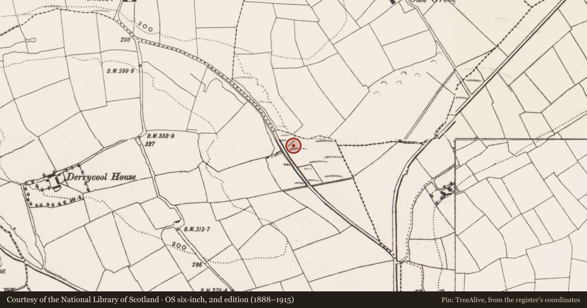 Ordnance Survey six-inch map, 2nd edition (1888–1915) covering the location of Fulacht fia, Derrycool, County Cork, with a pin at the register's coordinates