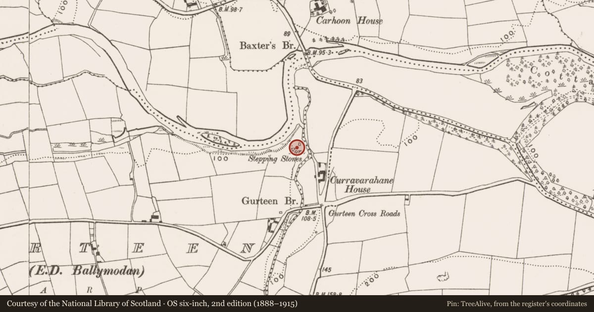 Ordnance Survey six-inch map, 2nd edition (1888–1915) covering the location of Mill - unclassified, Gurteen (Kinalmeaky By., Ballymodan Par.), County Cork, with a pin at the register's coordinates
