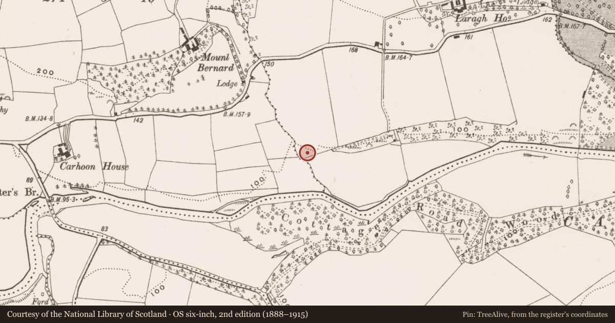 Ordnance Survey six-inch map, 2nd edition (1888–1915) covering the location of Quarry, Laragh, County Cork, with a pin at the register's coordinates