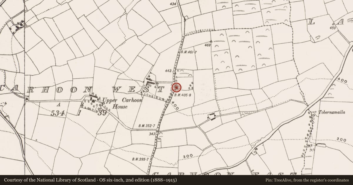 Ordnance Survey six-inch map, 2nd edition (1888–1915) covering the location of School, Carhoon East, County Cork, with a pin at the register's coordinates