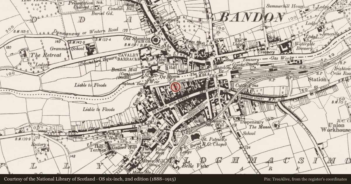 Ordnance Survey six-inch map, 2nd edition (1888–1915) covering the location of Historic town, Coolfadda, Gully, County Cork, with a pin at the register's coordinates