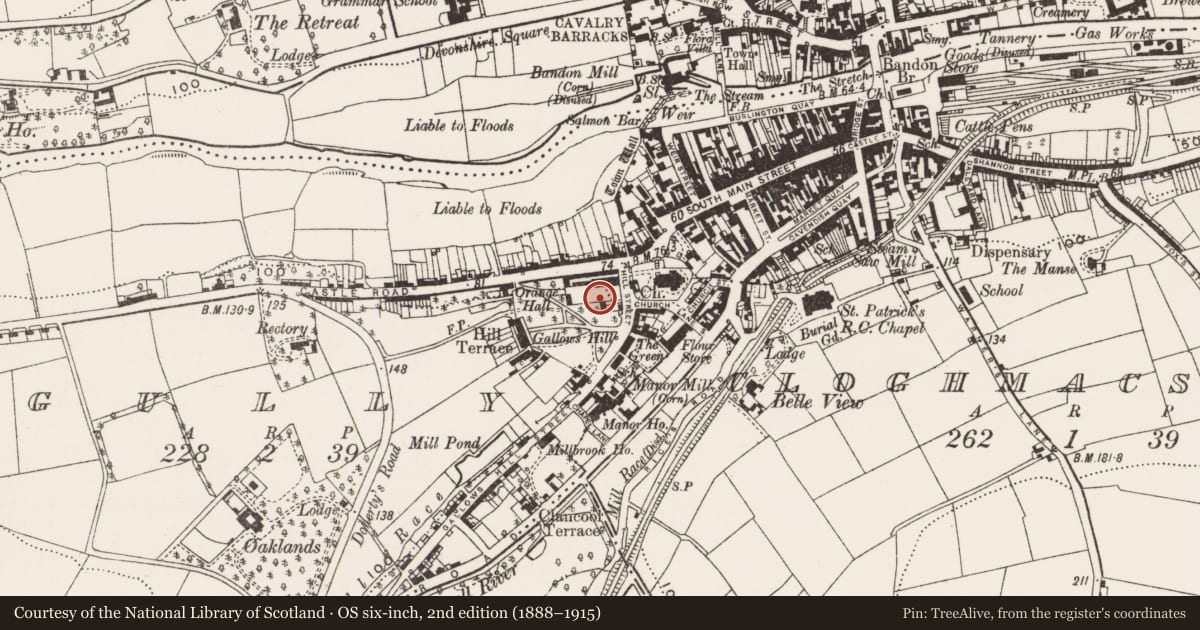 Ordnance Survey six-inch map, 2nd edition (1888–1915) covering the location of Brewery, Gully, County Cork, with a pin at the register's coordinates