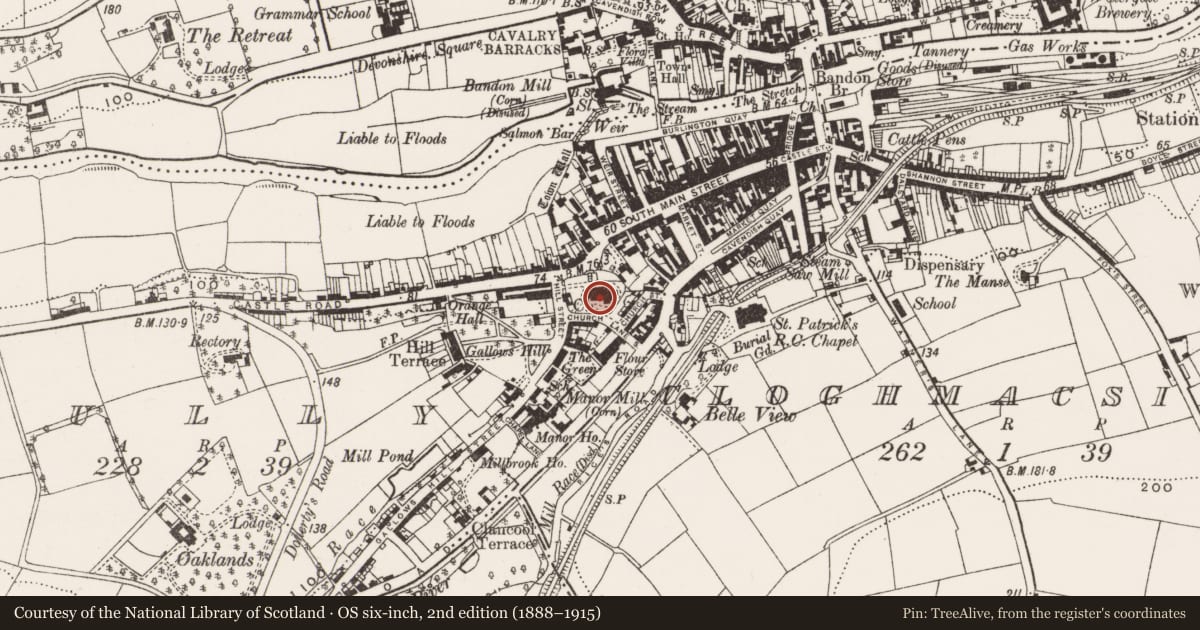 Ordnance Survey six-inch map, 2nd edition (1888–1915) covering the location of Church, Gully, County Cork, with a pin at the register's coordinates