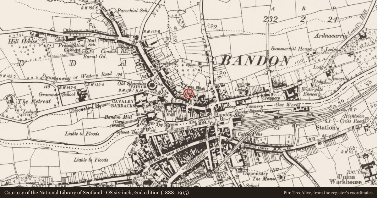 Ordnance Survey six-inch map, 2nd edition (1888–1915) covering the location of Graveyard, Coolfadda, County Cork, with a pin at the register's coordinates