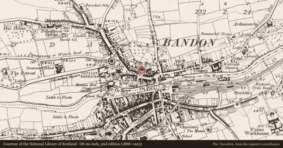 Ordnance Survey six-inch map, 2nd edition (1888–1915) covering the location of Church, Coolfadda, County Cork, with a pin at the register's coordinates