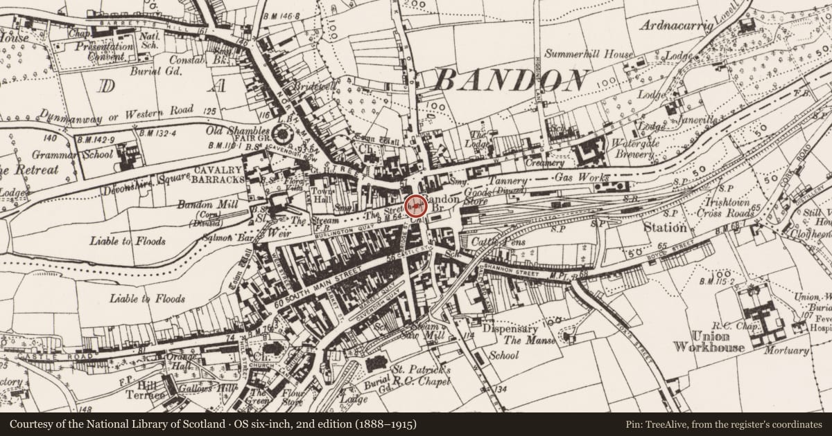 Ordnance Survey six-inch map, 2nd edition (1888–1915) covering the location of Bridge, Coolfadda, Gully, County Cork, with a pin at the register's coordinates