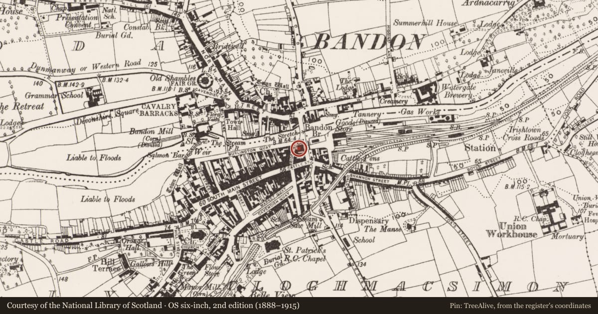 Ordnance Survey six-inch map, 2nd edition (1888–1915) covering the location of Church, Cloghmacsimon, County Cork, with a pin at the register's coordinates